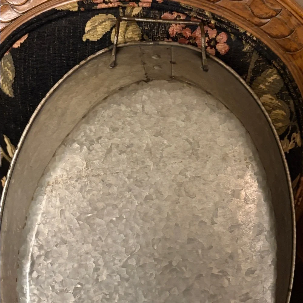 Galvanized Distressed Metal Oval tray with handles and hammered finish.
